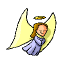 Animated angel icon with yellow wings, golden halo, and purple robe showing six distinct facial expressions across frames.