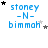 Blue text 'stoney -N- bimmah' on white background with black and gray stars scattered around, varying in position across frames.