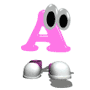 A pink letter A with large cartoon eyes and two silver helmets below it, showing animation changes in helmet positions.