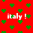 Red background with green heart shapes and repeated white text reading "italy!" in pixelated font.