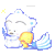 A white cloud-like character with closed eyes holds a yellow object while its blue winged tail shifts position across frames.