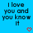 Blue background with black pixelated text reading "I love you and you know it" and two red pixelated hearts below the text.