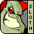 Green-skinned character with red eyes and red ear-like shapes, mouth open in a grin, next to vertical text reading SLOTH.