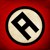 A circular icon with a black border, beige inner circle, and red background featuring a stylized black symbol resembling an arrow or letter R.