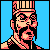 Pixel art portrait of a character with striped headwear, glasses, and facial hair against a solid blue background.