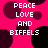 Pixelated text 'PEACE LOVE AND BIFFELS' on a bright pink background with dark purple and black circular shapes.