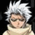 Pixelated static image of a character with spiky white hair and light skin wearing a high-collared beige garment against black background.