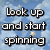 Pixelated text on a blue sky background with clouds and stars, split into two sections reading 'Look up and start spinning' and 'Reach the stars!' in bold white letters.