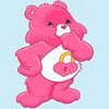 Pink Care Bear with white belly patch featuring a pink heart and golden lock, standing against light blue background, one paw covering mouth.