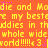Yellow pixelated text on orange background repeats 'die and Modie and Modie and Mo' and 'my bestee my bestee my bestee' with 'uddies in thuddies in thuddies in th' and 'whole wide whole wide whole wide whole wide world!!!!!' and '3' symbols with purple stars.