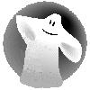 A grayscale ghost icon with a smiling face, shown in nine sequential poses within circular frames against a gray background.
