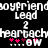 Pixelated text and symbols on a black background with pink heart accents, showing repeated 'boyfriend lead' and 'heartach' phrases.