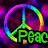 Two rainbow-colored peace symbols on a purple and pink pixelated background with green text reading "Peac" below the left symbol.
