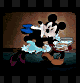 Mickey Mouse with red smudges on face in multiple poses, including holding a blue and white object while standing next to Minnie Mouse.
