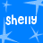 Blue background with light blue starbursts and repeated white text 'shelly' in pixelated font across three positions.