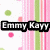 Pixelated icon with pink and green vertical stripes, scattered green and pink dots on white background, and black text reading 'Emmy Kayy' in bold font.