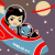 Pixelated character in blue and red spacesuit floats against dark purple background with planet and stars.