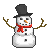 Pixelated snowman with black top hat, red scarf, and brown stick arms against gray background.