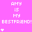 Pixelated text and symbols on a bright pink background with repeated 'AMY IS MY BESTFRIEND!' phrases and small white star-like shapes.
