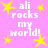 Pixelated text 'ali rocks my world!' in white on pink background with yellow stars, repeated in a pattern