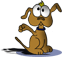 Brown cartoon dog with large white eyes, blue collar, and yellow nose accessory sits upright on a light background.