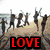 Four display 'LOVE' text in different colors over distinct backgrounds: people on a beach, a dark figure, hands shaking, and a couple kissing