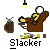 Pixelated image of a brown bag with yellow question mark, hanging lamp above, and 'Slacker' text below.