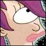 Close-up of a cartoon character with purple hair, large white eye with black pupil, and pink lips, wearing a green patterned garment.