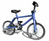 Blue bicycle with black seat and handlebars, viewed from multiple angles in a