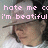Pixelated image of a person with dark hair and a light-colored shirt, overlaid with pink text reading "hate me cause i'm beatiful" in a blocky font.