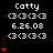 A black background displays repeated white text 'Catty' and '6.26.08' with pixelated symbols, accompanied by red heart icons that increase in number from one to five across frames.