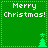 Green pixelated square with 'Merry Christmas!' text and small tree icons in four quadrants, bordered by dotted lines.