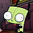 Pixelated green cartoon character with large white eyes and a small red mouth against a dark background.