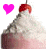 Pixelated ice cream cone with pink base, white swirls, red cherry on top, and colored heart icon to the left.