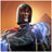 Pixelated figure in dark armor with red shoulder accents against an orange-yellow gradient background, head slightly turned right.