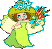 Pixelated fairy character in green dress with white wings holding blue flowers and red-and-yellow bouquet, head turning left to right