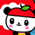 Pixelated cartoon character with white face, black ears, red hat, green leaf on hat, pink cheeks, and small nose.
