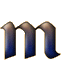 A stylized lowercase 'm' rendered in gradient blue with beige outlines on a gray background.