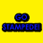 Four pixelated icons arranged in a : top-left yellow with blue text "GO STAMPEDE!", top-right smiling face, bottom-left heart with arrow and "Love", bottom-right soccer ball on grass