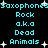Pixelated cyan text on black background with white starbursts, repeating 'Saxophones', 'Rock', 'a.k.a', 'Dead', and 'Animals' in two