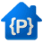 Blue house-shaped icon with white curly braces enclosing a capital P, set against a gray background.