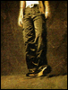 Four show a person in dark pants and a white top from full-body to close-up, with shifting poses and lighting
