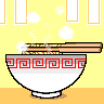 Four pixel-art frames show a bowl of noodles with chopsticks lifting strands, steam rising from the bowl against a yellow background.