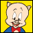 A cartoon pig character in a blue shirt and red bow tie appears across nine with changing expressions and head positions against a yellow background
