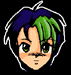 Pixelated character head with blue-green hair and green eyes, showing four distinct facial expressions