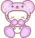 Pixelated cartoon character in pink bear costume with closed eyes, white face, and pink cheeks, wearing diaper-like garment, against gray background.