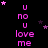 A black background displays repeated pink text 'u no u love me' with scattered purple and pink stars, partially obscured by a gray rectangle in the bottom-right corner.