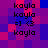 Pixelated icon with repeating text and symbols on a purple-blue background