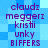 Blue pixelated background with purple text listing names and terms in two vertical , repeated twice