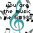 Pixelated icon features a teal treble clef with black text reading 'you are the music in me' and a musical note symbol, surrounded by scattered black-and-white musical notes on white background.